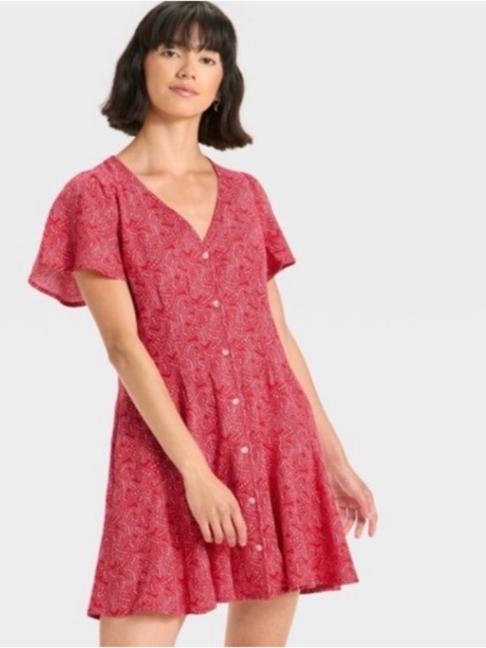 Universal Thread Red Paisley Button-Front Mini Dress